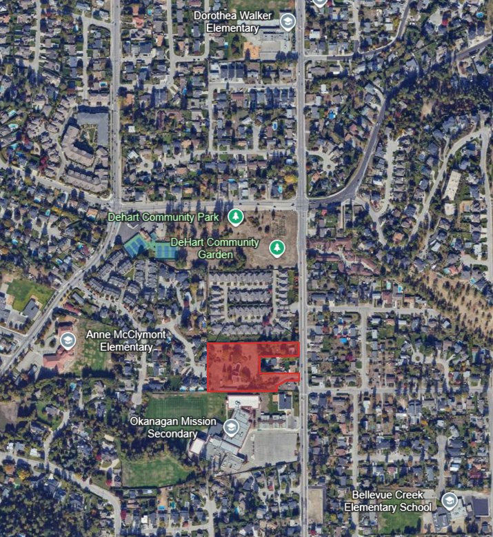 Aerial locator map: the subject property highlighted in red, surrounded by Okanagan Mission Secondary, Anne McClymont, Dorothea Walker and Bellevue Creek elementary schools, and DeHart Park